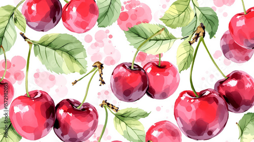 Watercolor cherry, Ornament with berry, Nature theme, Seamless vector pattern, Watercolor paint for gift box, wallpaper, background, web sites, textiles, textures, greeting card, wedding invitation