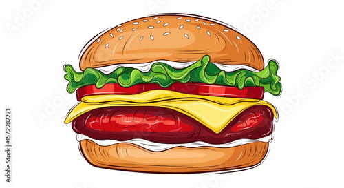 Juicy Delicious Burger A mouthwatering illustration of a classic cheeseburger with fresh ingredients. Perfect for menus, food blogs, or any culinary-themed project.