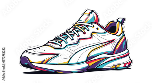 Dynamic Action Illustration of Colorful Athletic Shoe Design in Urban Setting for Fashion Enthusiasts