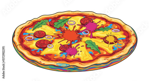 Colorful Pizza Illustration with Unique Toppings and Splashes of Sauce, Vibrant Graphic Design