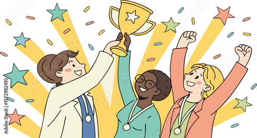 Diverse medical professionals celebrate victory raising a golden trophy amidst falling confetti and bright stars