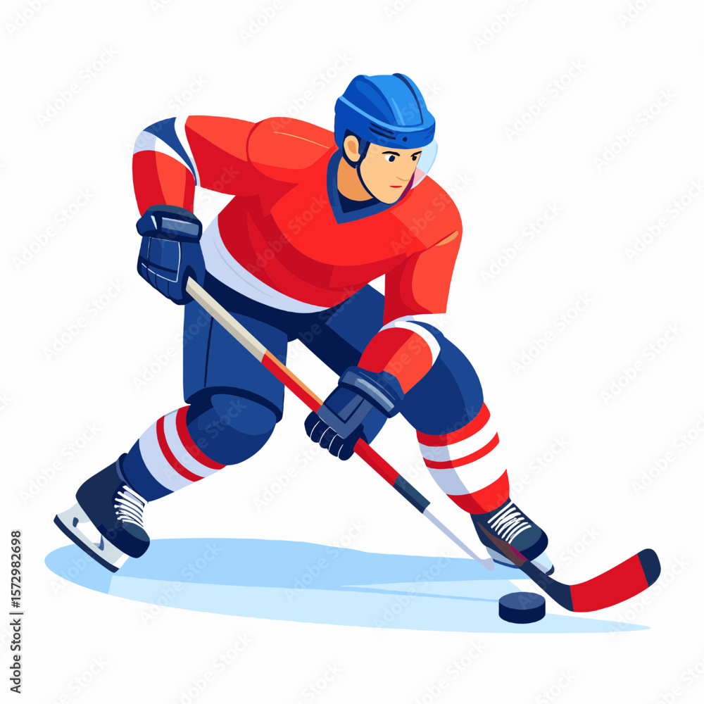Obraz premium Pixel Art of Dynamic Hockey Player in Red and Blue Gear Skating on Ice for Competitive Sport Illustration