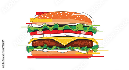 A vector illustration of an isolated, unhealthy fast food cheeseburger with beef, cheese, lettuce, tomato, and onion on a sesame bun