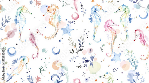 Hand-painted seahorses in gentle pastel tones, forming an elegant seamless design inspired by marine life and tranquil ocean beauty