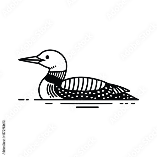 Stylized black and white illustration of a common loon swimming on water