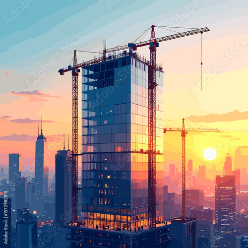 Pixel Art of High Rise Building Under Construction At Sunset With Cranes In A Dense Cityscape with Orange and Yellow Sky