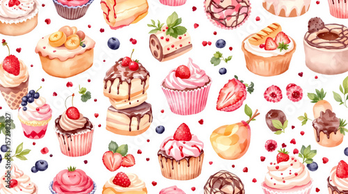 Watercolor seamless pattern with cupcakes