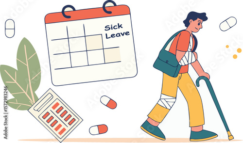 Person with injured leg and arm walking with a cane near a calendar marked for sick leave and scattered pills