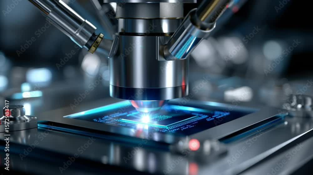 Close up of microscope technology inspecting microchip electronics with ...