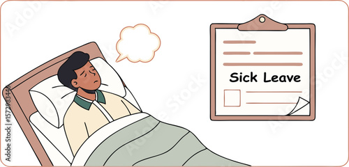 A man lies in bed looking unwell next to a clipboard displaying sick leave indicating his absence from work