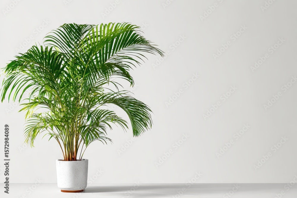 Palm Plant in Pot on Floor. Minimal, bright room backdrop. Interior design use Palm Plant in Pot on Floor. Minimal, bright room backdrop. Interior design use
