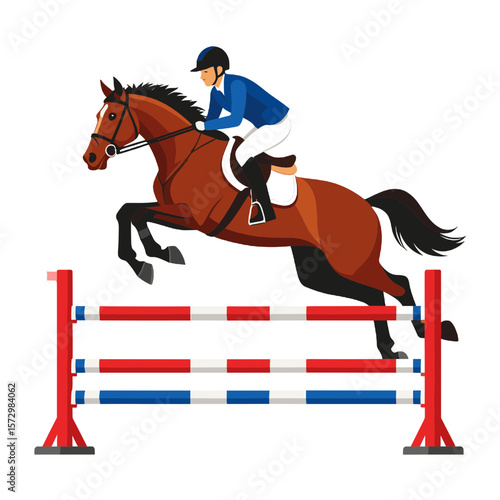 Pixel Art Style Illustration of a Horse Jumping Over a Red and White Striped Barrier in a Showjumping Competition