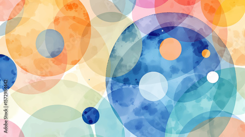 Horizontal watercolor seamless pattern with bubles and circles. Abstract geometric pattern. Colorful hand painted watercolor circles on white background