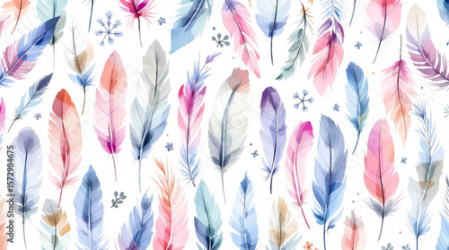 Watercolor feathers pattern on white background