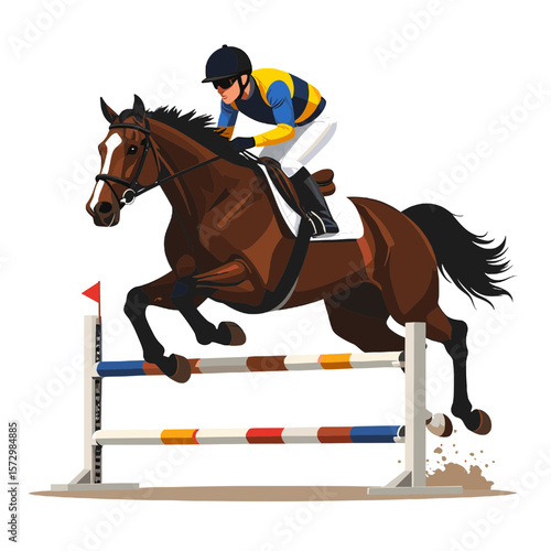 Pixelated Jockey on Brown Horse Leaping Over Striped Barrier with Red Flag in Equestrian Event Illustration