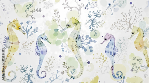 Soft watercolor seahorses drifting among delicate sea plants, creating a dreamy underwater pattern full of calm, grace, and ocean charm