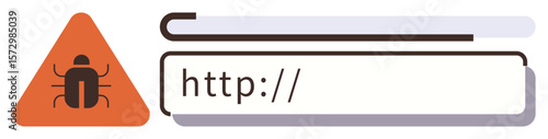 Red triangle with a bug icon next to an HTTP address bar indicating cyber threats and unsafe websites. Ideal for cybersecurity, online safety, hacking risks, malware alert, data protection, IT