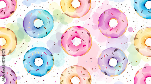 Watercolor pattern of multi-colored Watercolor pattern of multi-colored donuts with sprinkles on a white background with sprinkles on a white background