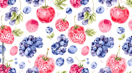 A seamless Easter pattern featuring colorful eggs decorated with fresh strawberries and mixed berries on a white background