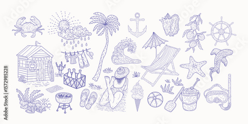 summer vacation doodle style illustrations. Vector ink hand drawn Italy coast sea or beach print elements. Sea weekend rest collection for invitation card to beach party, picnic