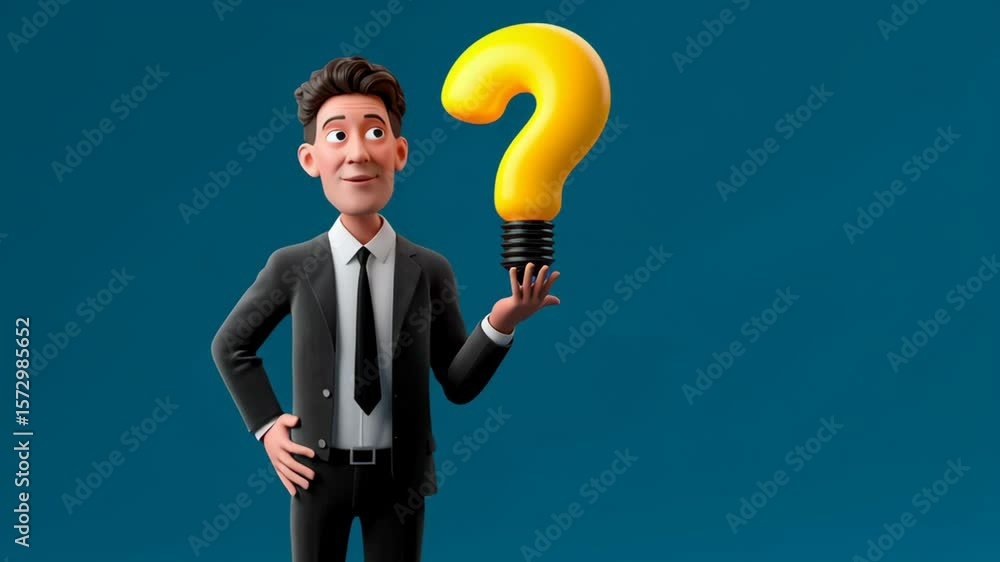 3D businessman suit holding glowing yellow question mark light bulb symbolizing curiosity and ideas with cheerful expression blue