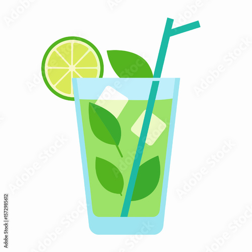 Refreshing Green Mojito Cocktail with Lime and Mint in Glass with Straw