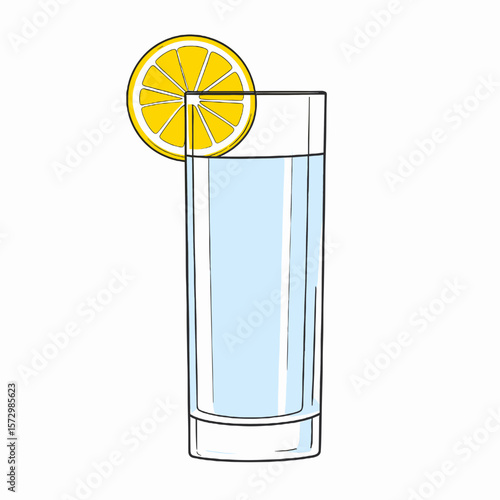 Refreshing Lemon Water in a Tall Glass with a Round Lemon Slice Isolated on a White Background for Beverage and Refreshment Themed Visuals