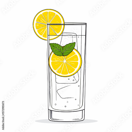 Refreshing Lemonade Illustration with Lemon Slice and Mint in Tall Glass on White Background