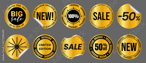 Set realistic gold foil torn crumpled sticker, label, tag, mockup with metallic effect. Isolated Shiny golden emblem, New, 50% off, Best offer, deal, Sale, buy now, Discount Vector EPS10