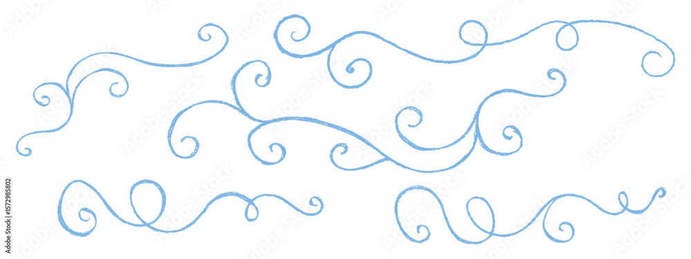 Christmas swirly vector ornaments drawn in pastel wax on chalkboard like by children. Winter blue elements. Cute doodle style with charcoal squiggle, perfect for school and kindergarten themes.