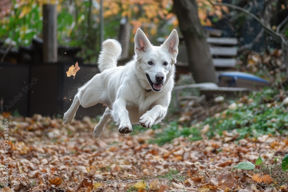 Obraz premium White German Shepherd joyfully running through a colorful autumn landscape, White German Shepherd running