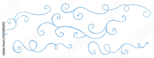 Christmas swirly vector ornaments drawn in pastel wax on chalkboard like by children. Winter blue elements. Cute doodle style with charcoal squiggle, perfect for school and kindergarten themes.
