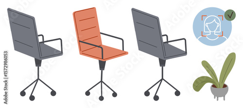 Three swivel office chairs, face recognition icon with a checkmark, and a potted plant. Ideal for technology, workplace decor, job recruitment, ergonomics, modern office, AI automation minimalism