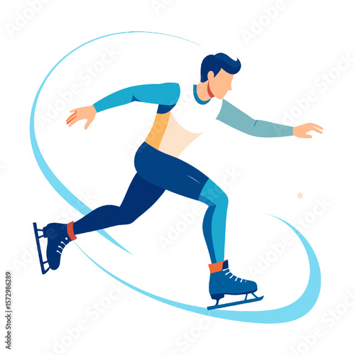 Speed Skating Athlete in Blue and White Outfit Performing on Ice Rink with Swirling Motion Trails in Isolated White Background