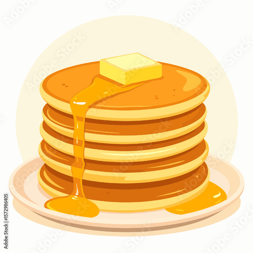 Stack of Golden Pancakes Drizzled with Syrup and Butter on a White Plate in a Simple Background