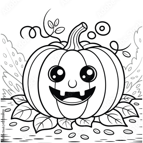 A straightforward line drawing of a pumpkin in black and white