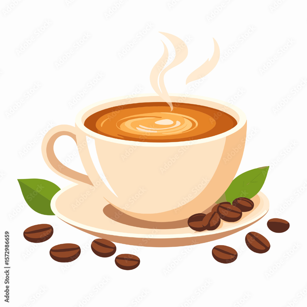 Obraz premium Steaming Coffee Cup with Coffee Beans and Green Leaves on White Background in a Digital Illustration