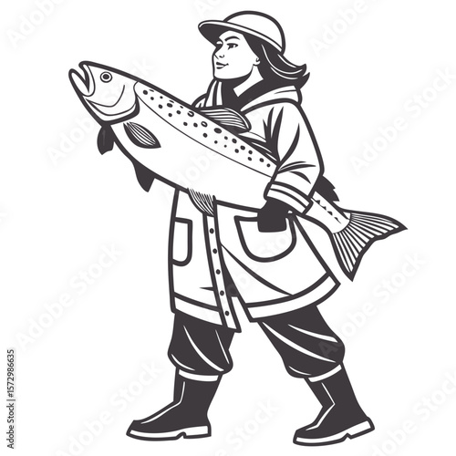 Female Fisherwoman Holding Big Fish in Fishing Clothes - Illustration Style. Perfect for: Fisherman’s Festival, Coastal Tourism Promotion