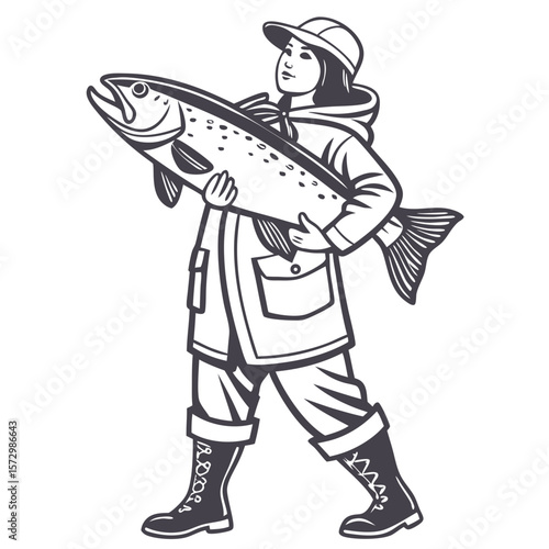 Female Fisherwoman Holding Big Fish in Fishing Clothes - Illustration Style. Perfect for: Fisherman’s Festival, Coastal Tourism Promotion