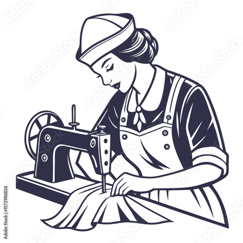 Female Tailor in Uniform Using Sewing Machine - Vector Illustration. Perfect for: Fashion Week, Small Business Saturday