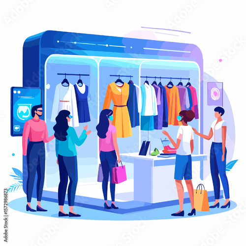Stylized Clothing Store Scene with Shoppers in Modern Blue Tone Interior Featuring Rack of Garments and Attentive Customers Engaging in Retail Experience