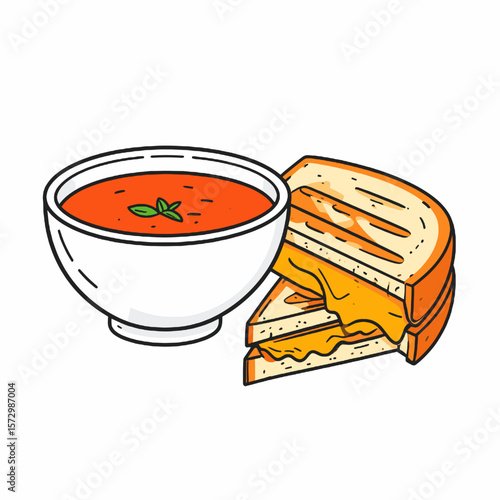 Stylized Illustration of Tomato Soup in White Bowl Next to a Grilled Cheese Sandwich With Dripping Cheese