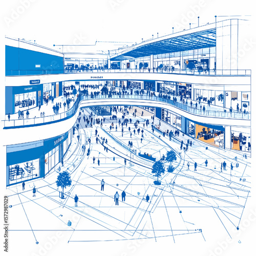 Stylized Blue and White Illustration of Crowded Multi Level Shopping Mall Interior with Geometric Design and People