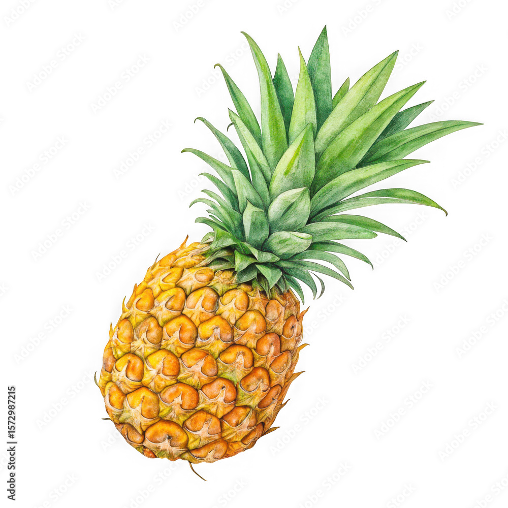 Fototapeta premium Detailed realistic watercolor painting of a ripe pineapple with green leaves isolated on transparent background
