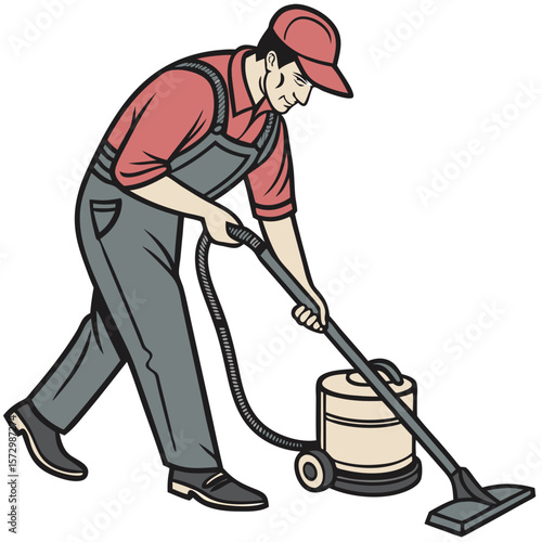Male Janitor Operating Vacuum Cleaner in Cleaning Uniform - Vector Illustration. Perfect for: Cleaning Week, Earth Day