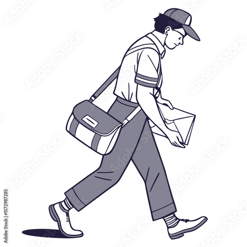 Male Mail Carrier in Postal Uniform Carrying Mailbag - Sharp Vector Illustration. Perfect for: National Postal Worker Day, Holiday Mail Season