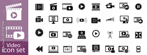 Video icon set. Containing camera, play, pause, media, online video, live, production, player, movie and cinema icons. Solid icon collection.