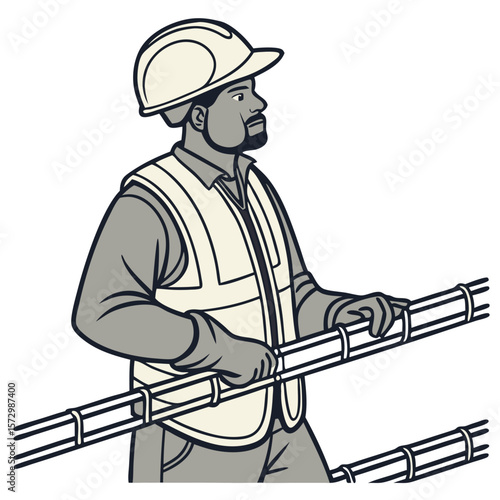 Male Rebar Worker in Full Gear at Construction Site - Vector Illustration. Perfect for: Construction Safety Week, Labor Day