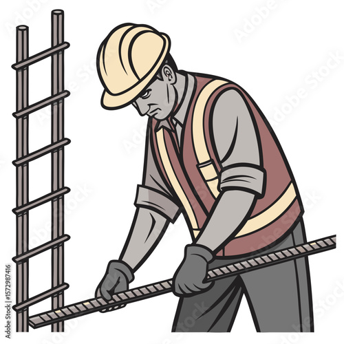 Male Rebar Worker in Full Gear at Construction Site - Vector Illustration. Perfect for: Construction Safety Week, Labor Day