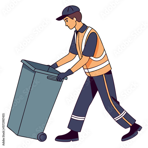 Male Sanitation Worker Pushing Trash Bin in Uniform - Vector Illustration. Perfect for: Earth Day, Sanitation Worker Day